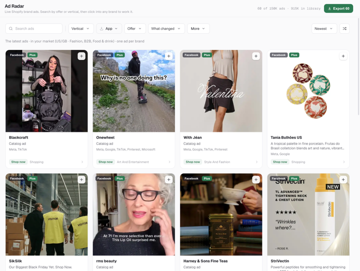 Alert Ad Radar: a grid of live Shopify brand ads, each card with the brand, the ad copy, its ad channels, call to action and vertical